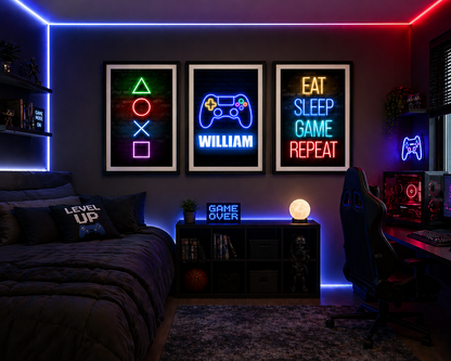 Set of 3 Personalised Neon Gamer Prints