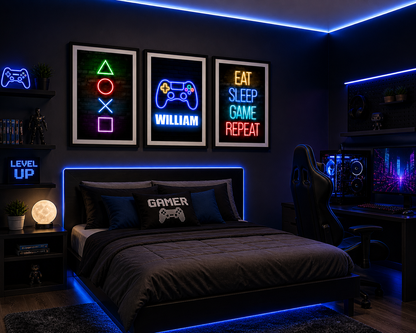 Set of 3 Personalised Neon Gamer Prints