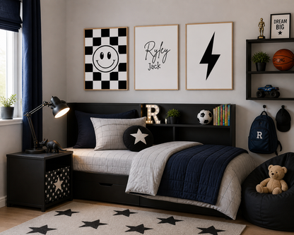 Set of 3 Boys Smiley Personalised Bedroom Prints