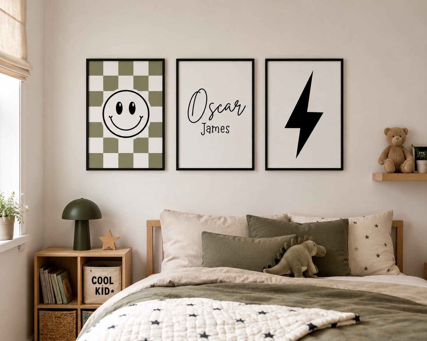 Set of 3 Khaki & Black Smiley Personalised Bedroom Prints