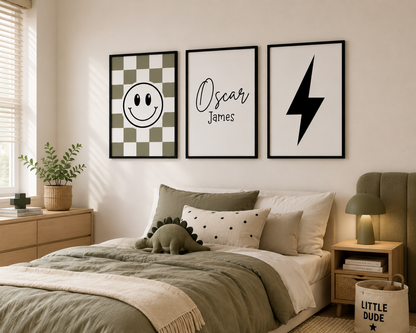 Set of 3 Khaki & Black Smiley Personalised Bedroom Prints