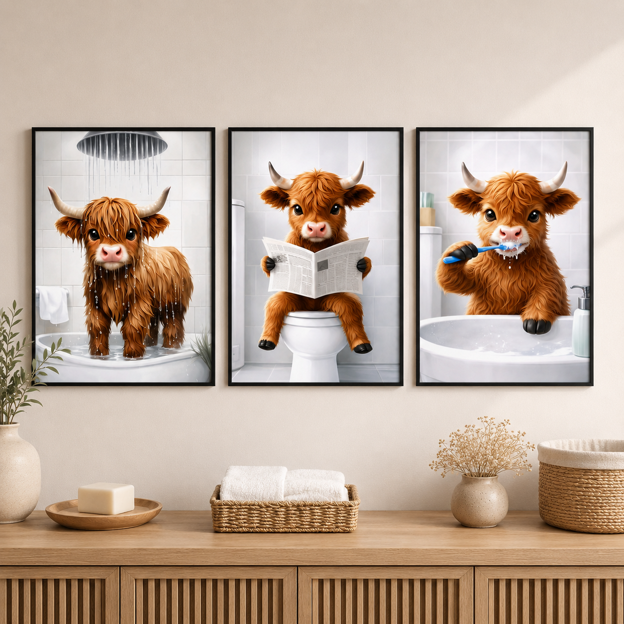 Set of 3 Whimsical Highland Cow Prints
