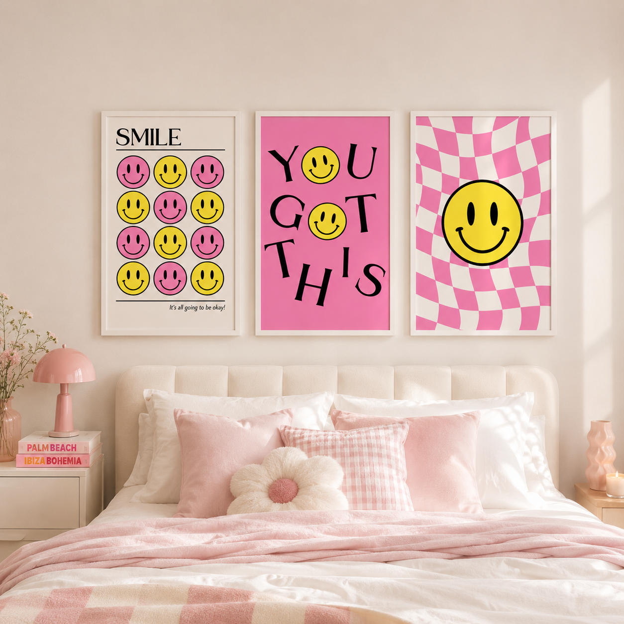 Set of 3 Pink Smiley Preppy Prints