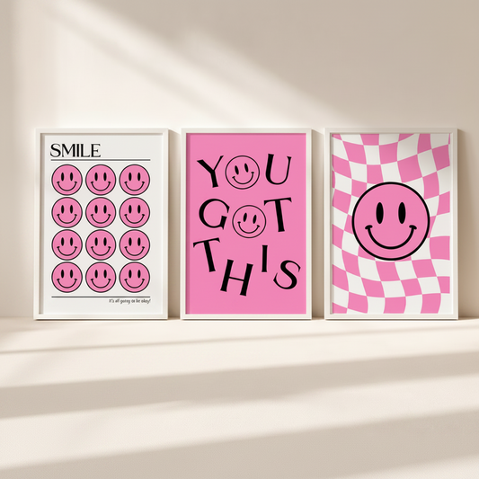 Set of 3 Pink Smiley Preppy Prints
