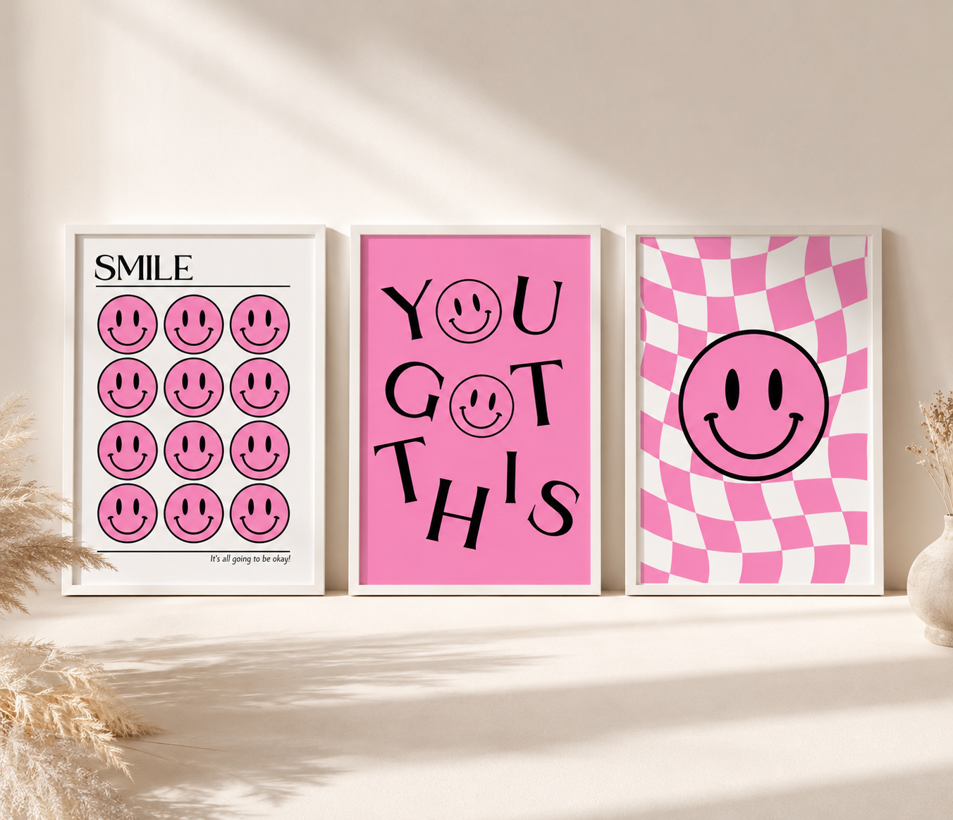 Set of 3 Pink Smiley Preppy Prints