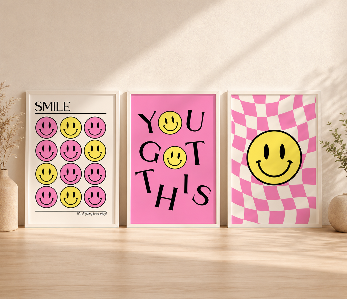 Set of 3 Pink Smiley Preppy Prints
