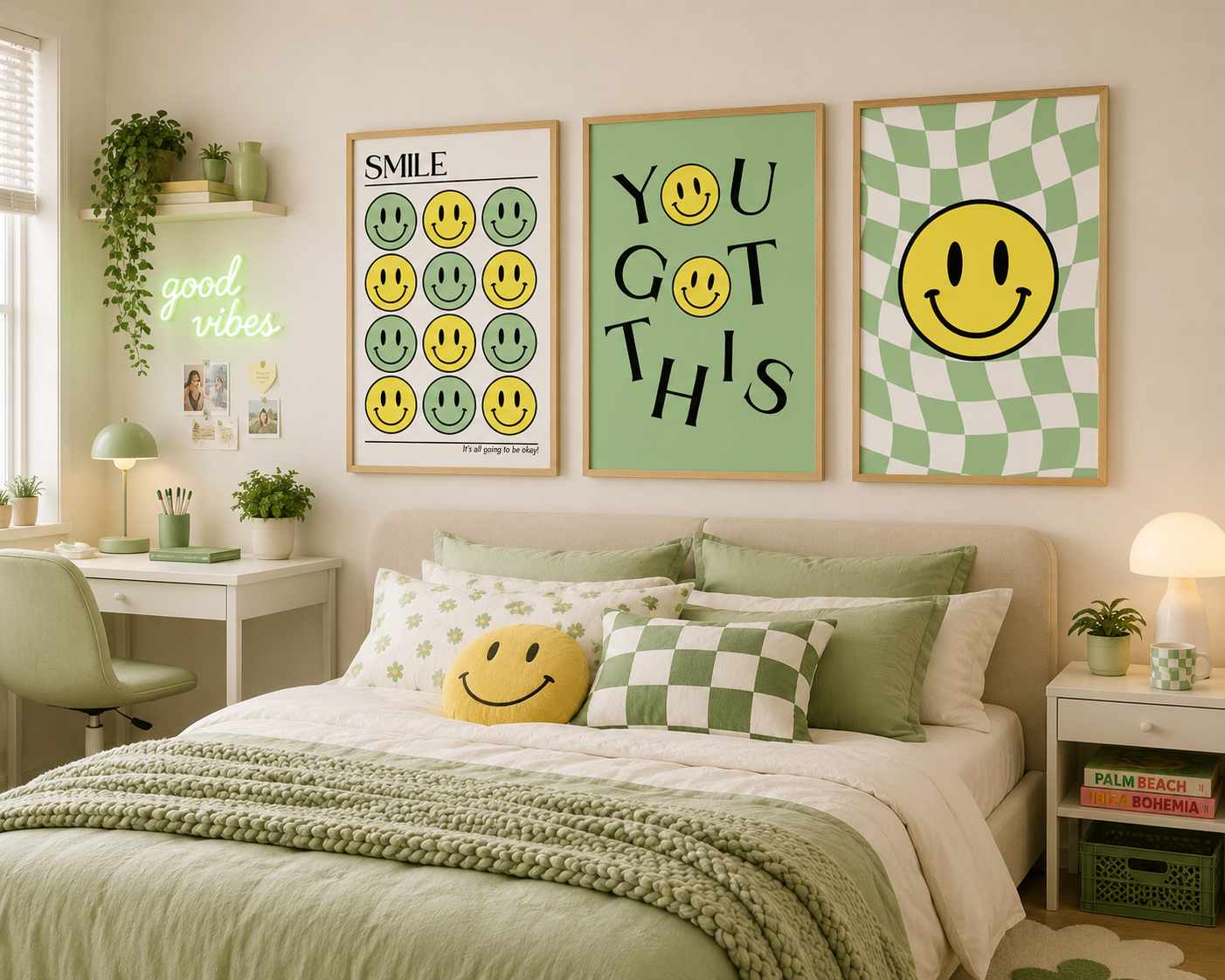 Set of 3 Green Positive Smiley Prints