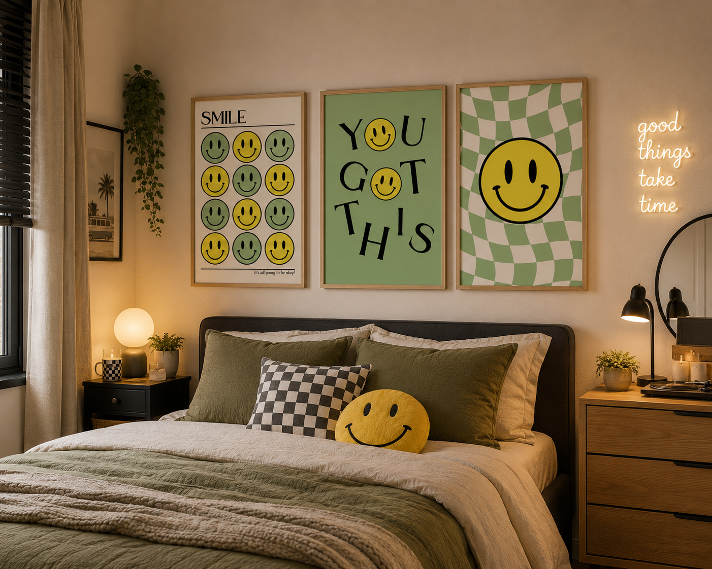 Set of 3 Green Positive Smiley Prints