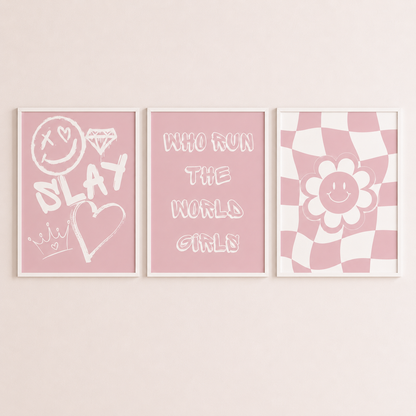 Pink Preppy Girls Wall Art Set | Who Run The World Girls Posters