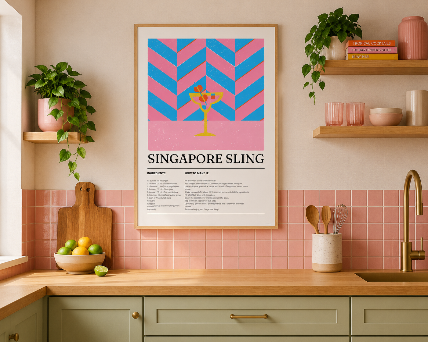 Singapore Sling Cocktail Print - Blue & Pink