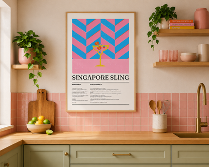 Singapore Sling Cocktail Print - Blue & Pink