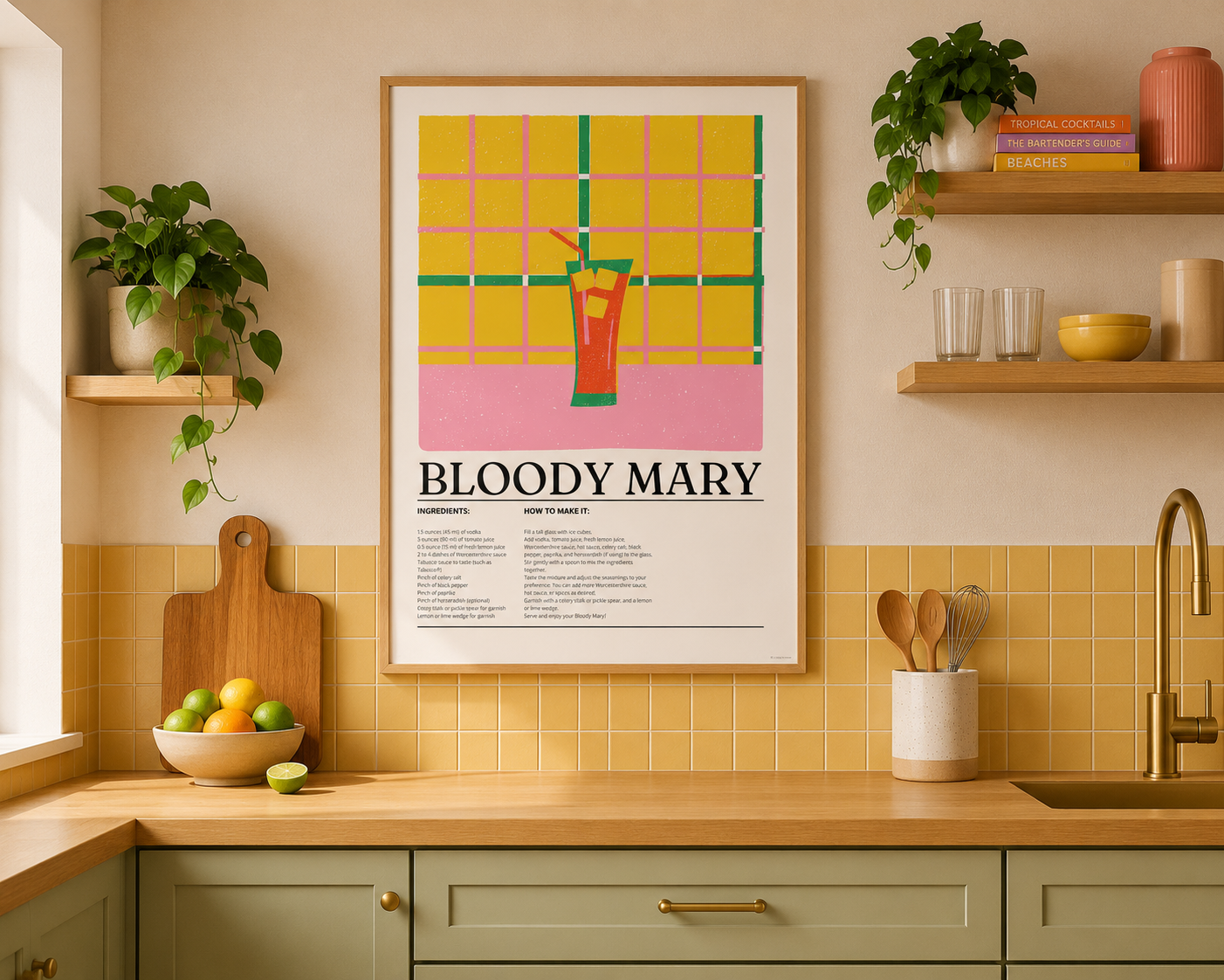 Bloody Mary Cocktail Print - Yellow, Green & Pink