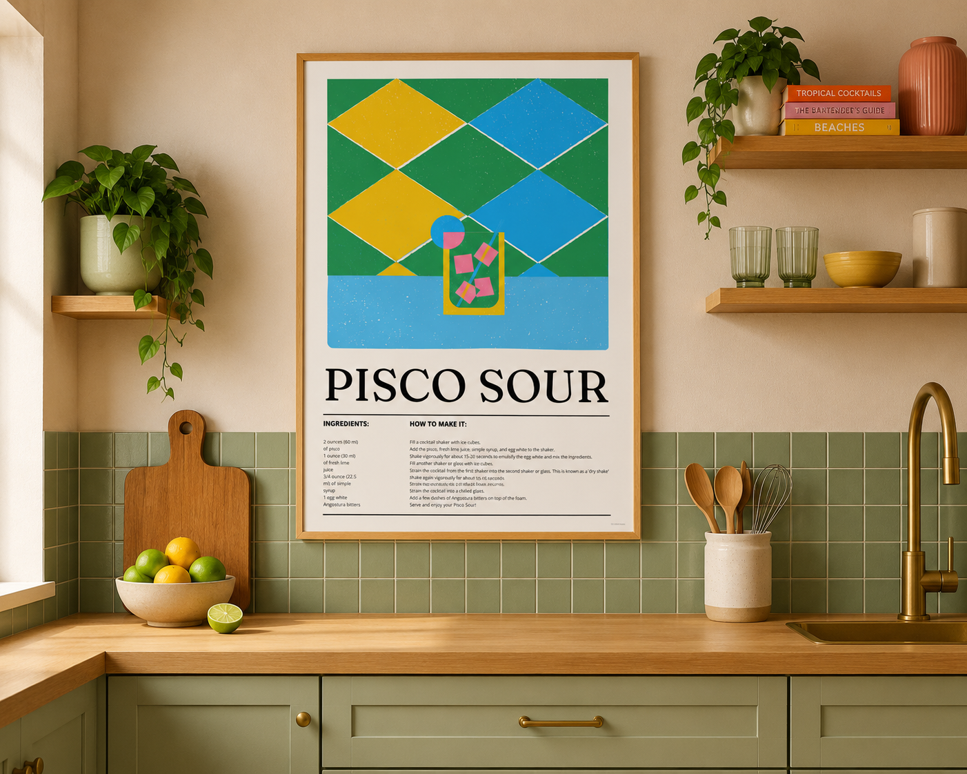 Pisco Sour Cocktail Print - Green, Yellow & Blue