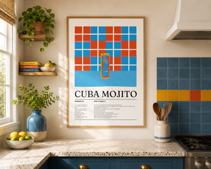 Cuba Mojito Cocktail Print - Blue & Orange
