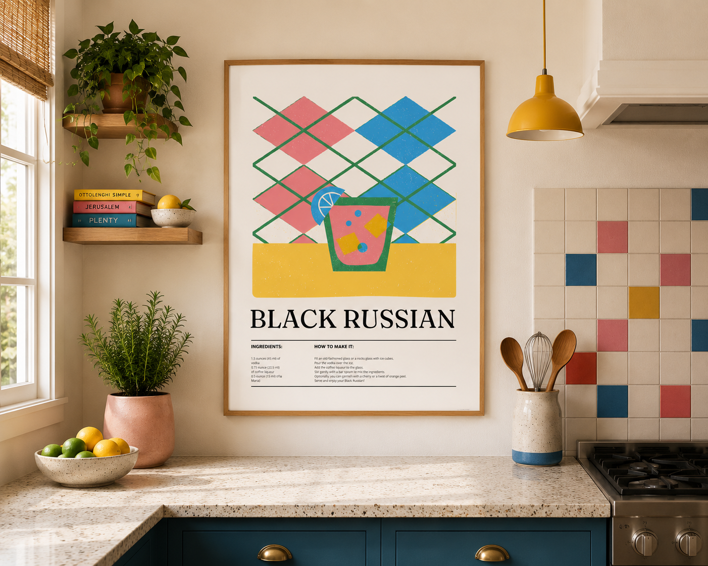 Black Russian Cocktail Print - Blue & Pink