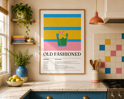 Old Fashioned Cocktail Print - Blue & Pink