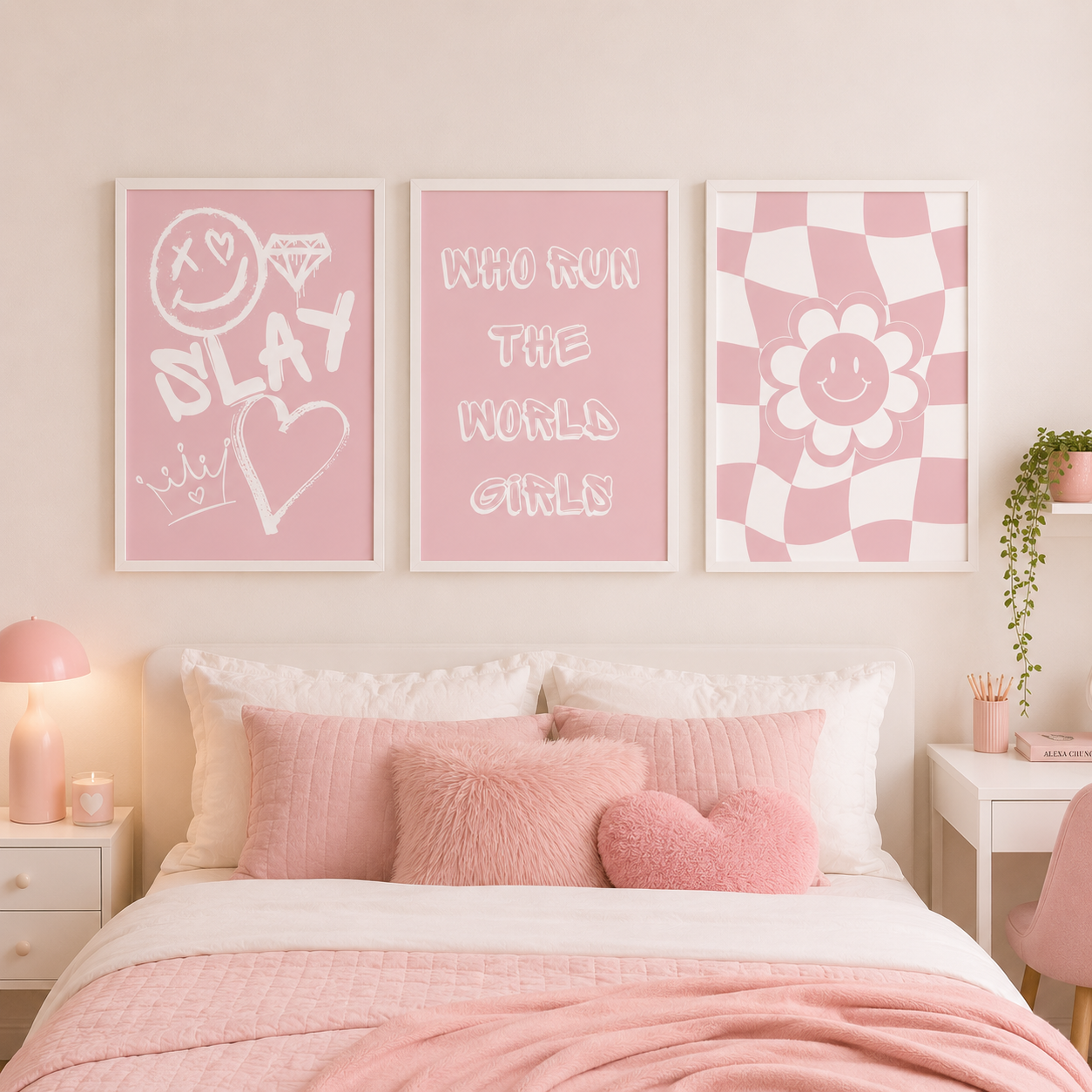 Pink Preppy Girls Wall Art Set | Who Run The World Girls Posters