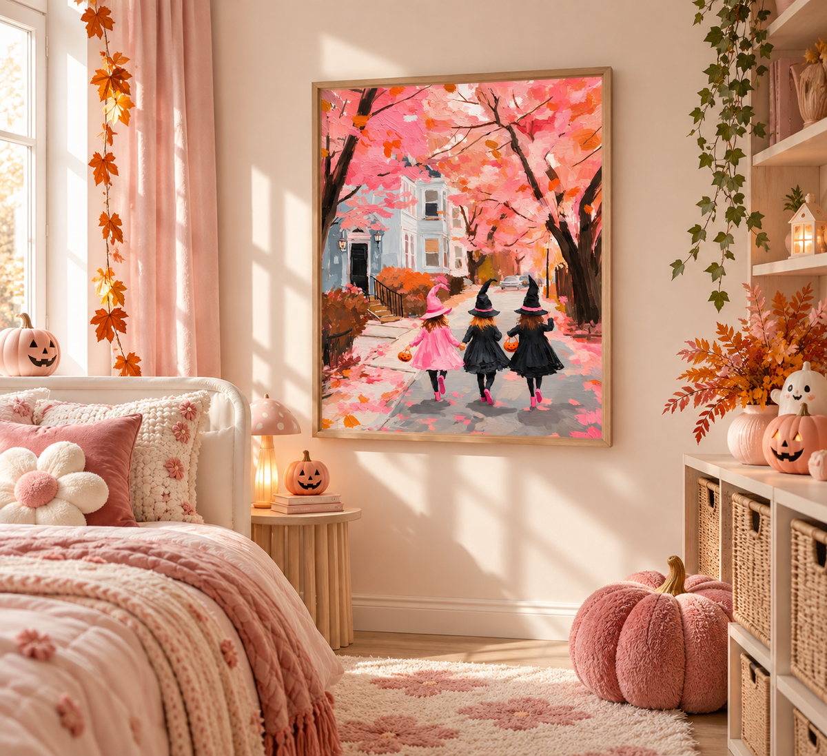 A framed art print depicting three children in witch hats walking down a leaf-strewn path under pink autumn trees, displayed on a bedroom wall above a bed decorated with fall-themed accessories.