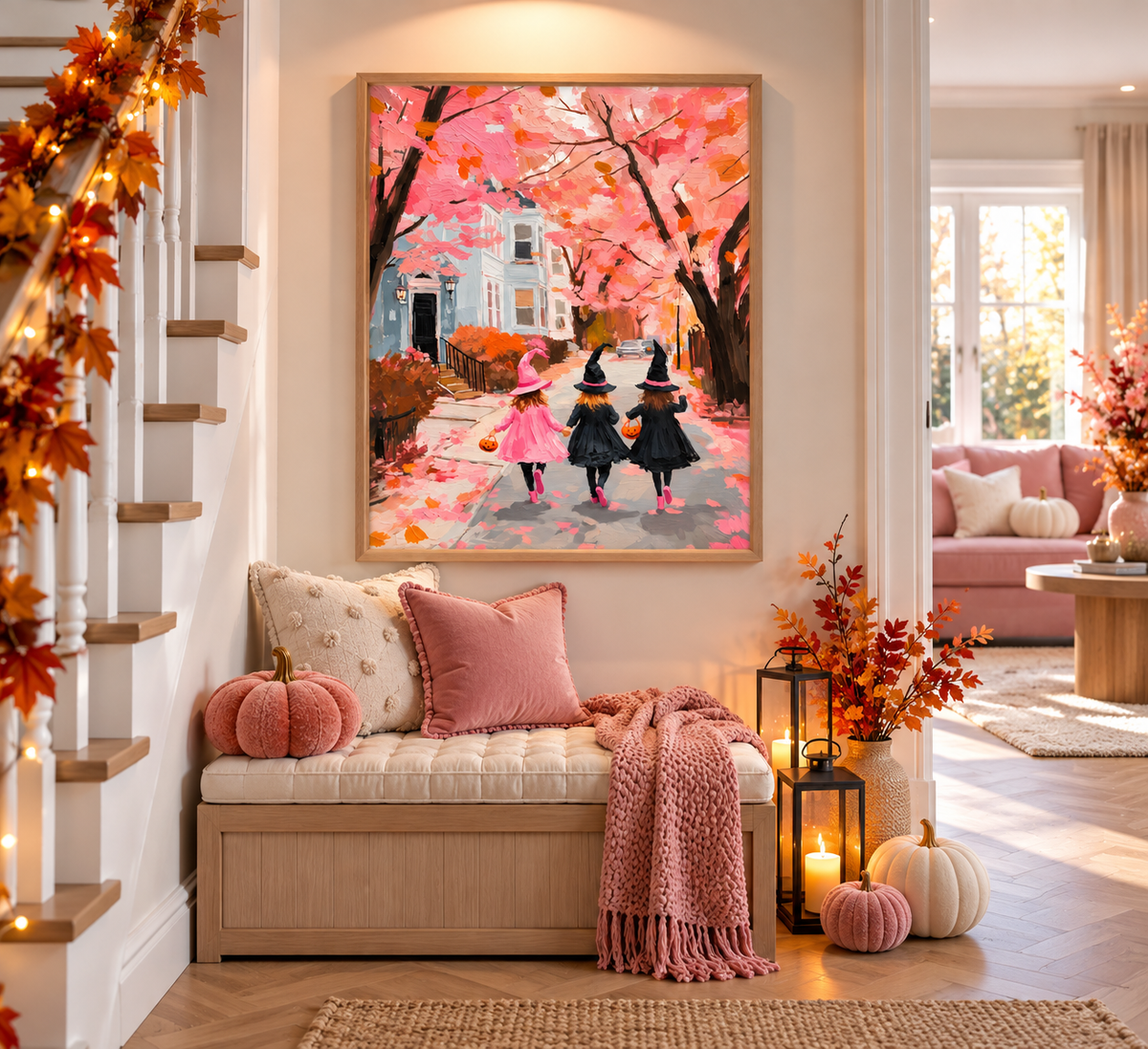A framed vertical canvas print of a whimsical autumn scene with two girls in witch hats walking down a pink leaf-covered path, displayed on a wall above a cozy entryway bench with pink pillows and a knitted throw.