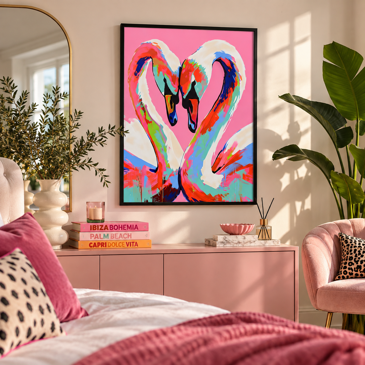 A framed pop-art print of two swans forming a heart shape, displayed on a beige wall in a styled bedroom setting with pink furniture, plants, and decorative pillows.