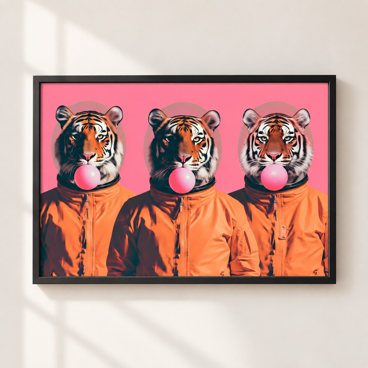A framed pop-art style print on a light beige wall, showing three tiger heads in orange jackets blowing pink bubblegum against a pink background.