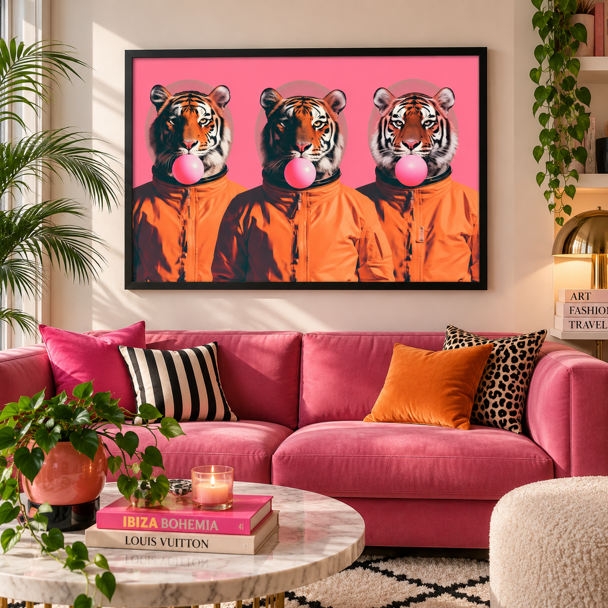 A framed wall art print featuring three tiger heads in orange hoodies blowing pink bubblegum, displayed above a bright pink sofa in a styled living room with plants, pillows, and a marble coffee table.