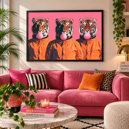 A framed wall art print featuring three tiger heads in orange hoodies blowing pink bubblegum, displayed above a bright pink sofa in a styled living room with plants, pillows, and a marble coffee table.