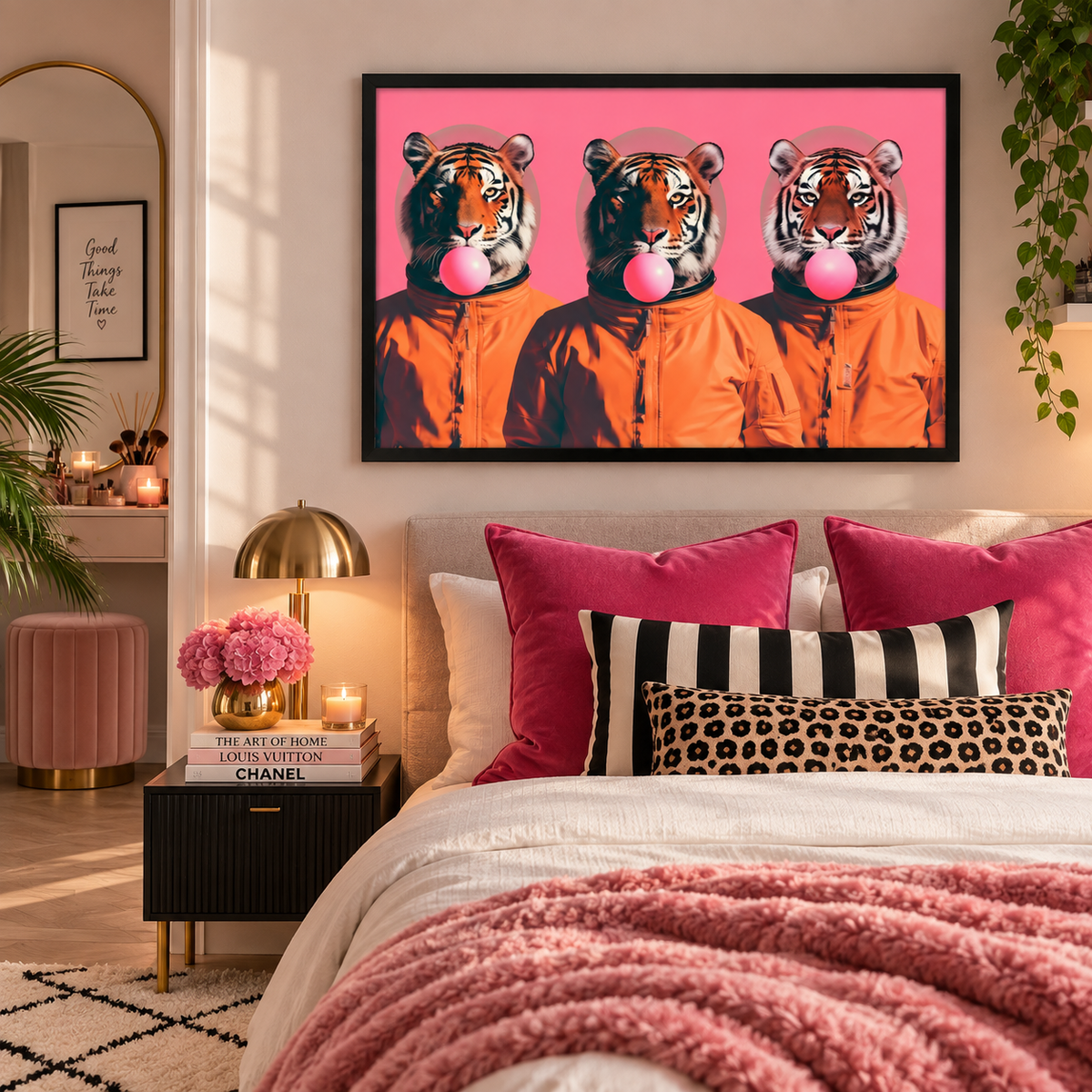 A framed wall art print showing three tiger heads with orange clothing and pink bubblegum, displayed above a bed in a styled bedroom with pink bedding, pillows, a lamp, and plants.