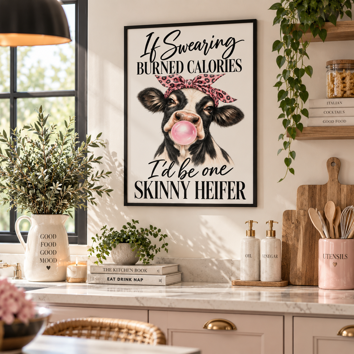 A framed wall art print featuring a cartoon cow with a pink bubblegum bubble and the text 'If Swearing BURNED CALORIES I'd be one SKINNY HEIFER' is displayed on a kitchen wall above a marble countertop with decorative plants and kitchen items.