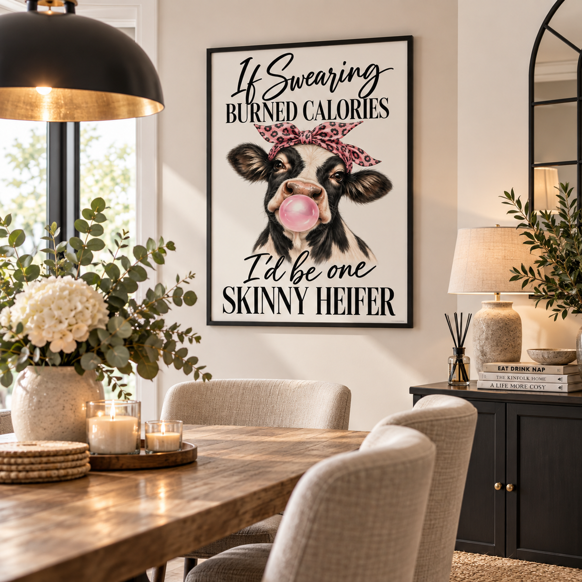 Quirky cow kitchen print with pink leopard bow, bubblegum and funny swearing quote wall decor