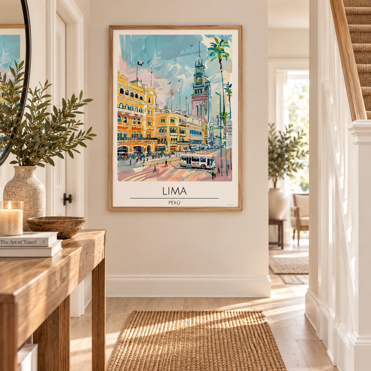 A framed art print of a colorful vintage street scene in Lima, Peru, hanging on a beige wall in a bright, modern hallway with a wooden console table and plants.