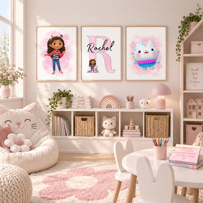 Gabby's Dollhouse personalised girls bedroom wall art set with Gabby Cakey Cat and custom name print