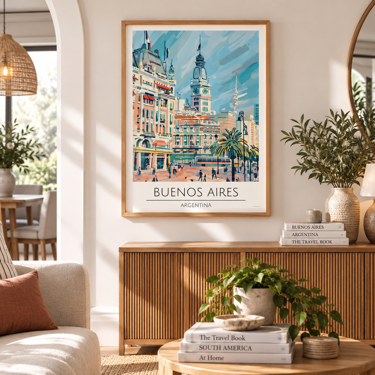 Colourful Buenos Aires wall art featuring Argentina cityscape and architecture in a vintage inspired travel poster design
