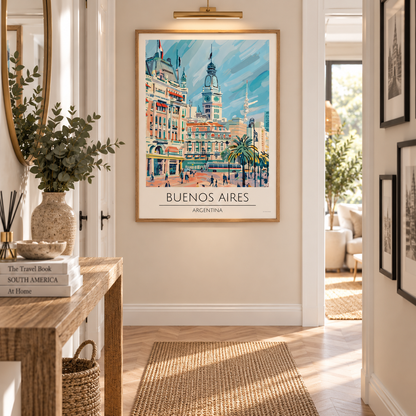 Argentina travel poster featuring Buenos Aires city architecture, palm trees and colourful South American urban wall art