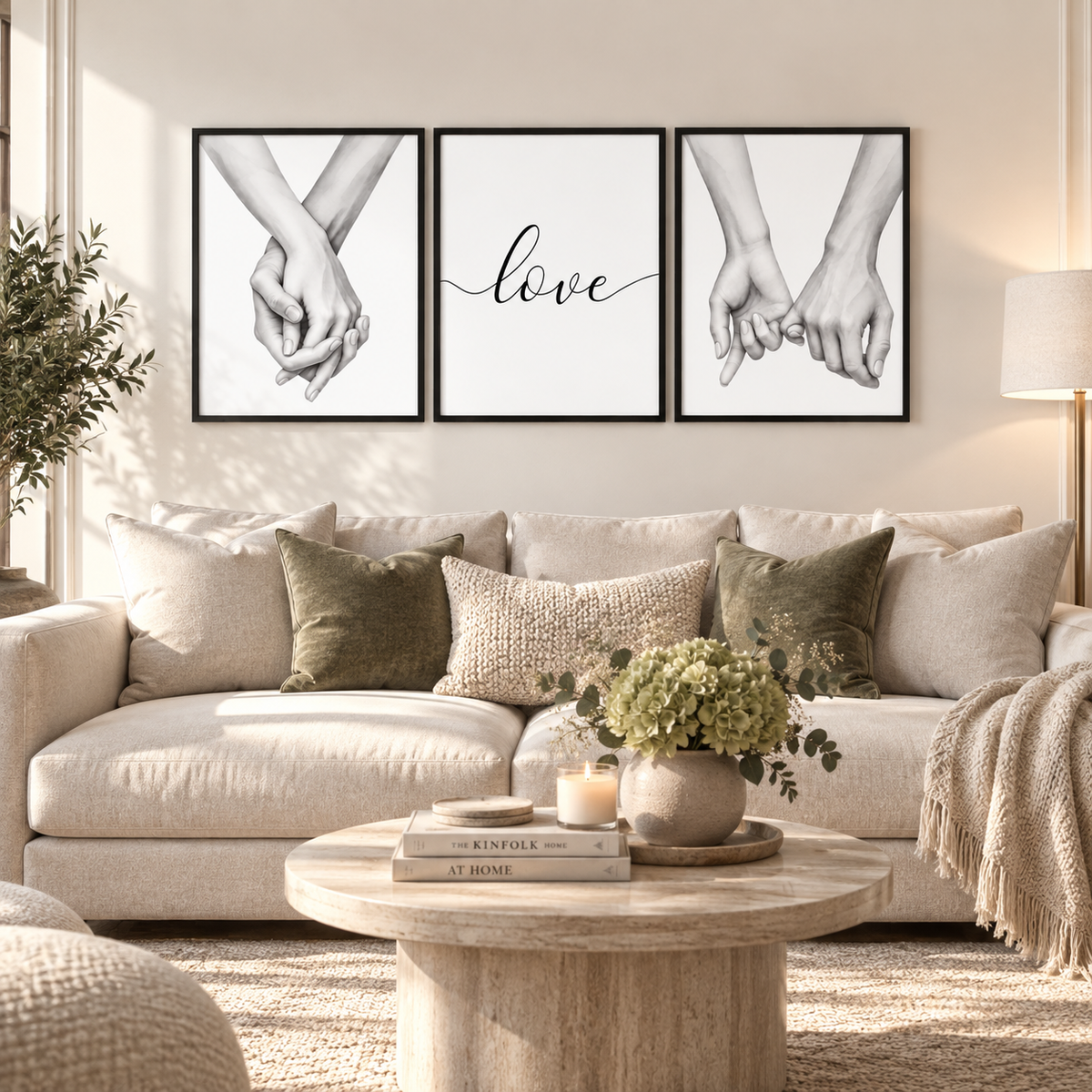 Three framed black and white wall art prints showing intertwined hands, with the center print reading 'love' in script, displayed above a beige sofa in a styled living room.