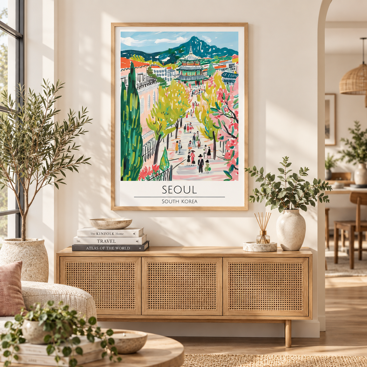A framed travel art print of Seoul, South Korea, hanging on a beige wall in a modern, sunlit living room with a wooden console table and plants.