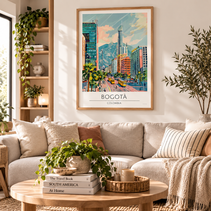A framed colorful travel poster of Bogota, Colombia, hanging on a light beige wall above a modern beige sofa in a styled living room with plants and a wooden coffee table.