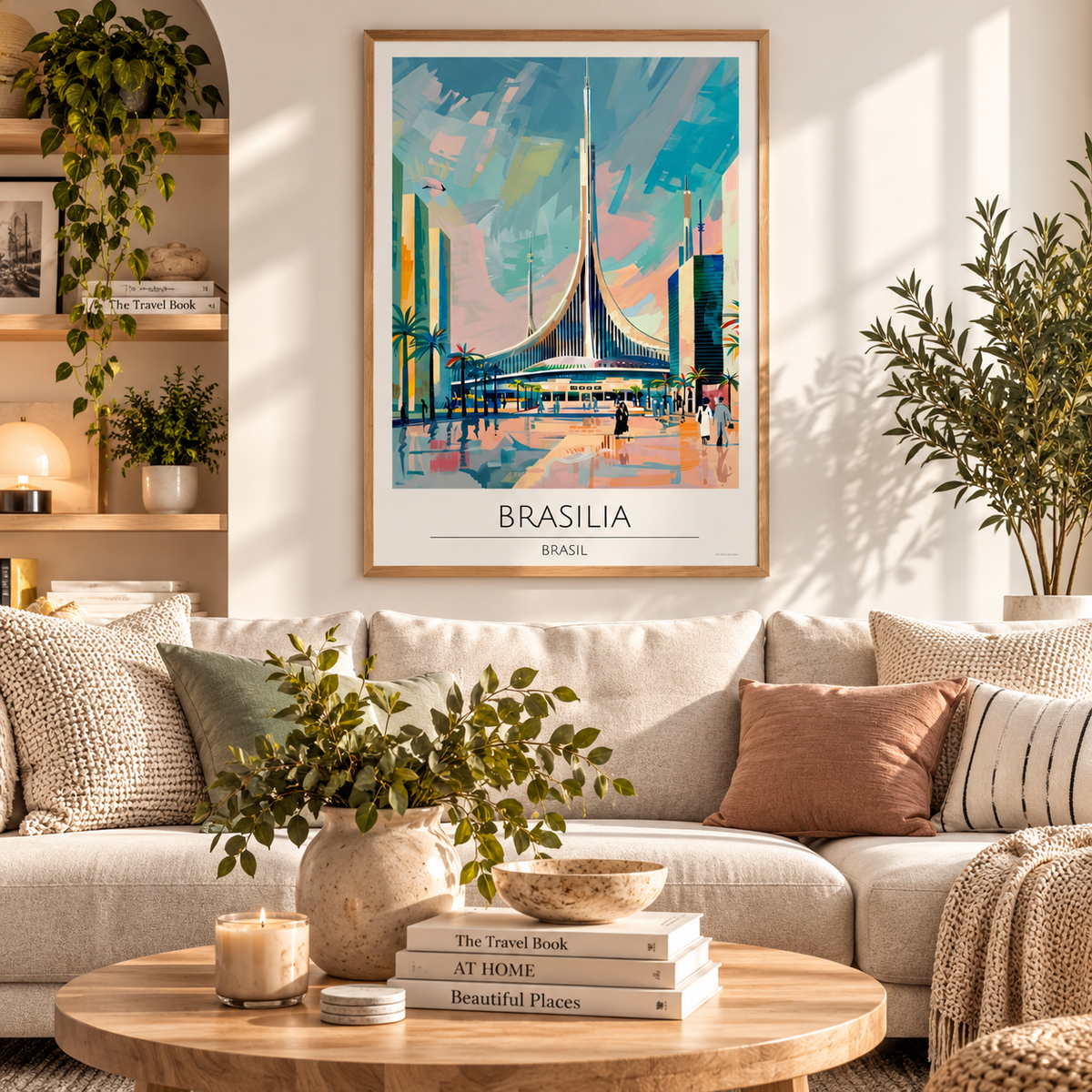 Colourful Brasília wall art featuring Brazilian modernist architecture and cityscape in an illustrated Brazil travel poster style