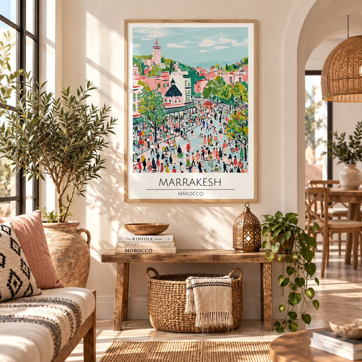 Marrakesh Morocco wall art print featuring colourful illustrated Marrakech city scene in light wood frame