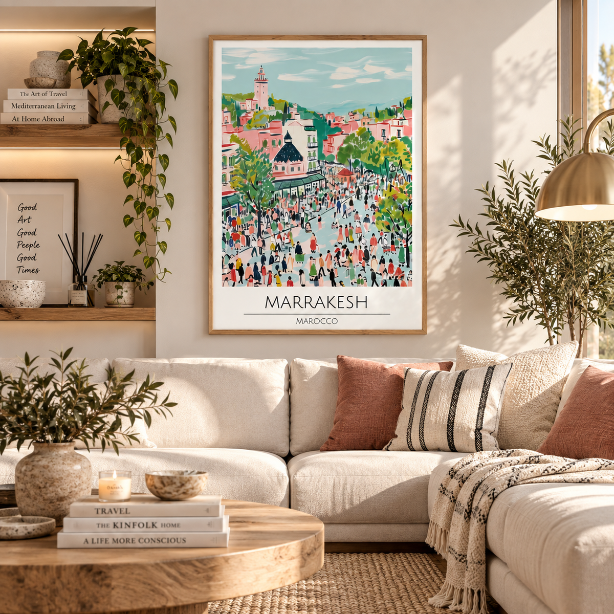 Colourful Marrakech Morocco travel poster featuring vibrant Moroccan cityscape wall art
