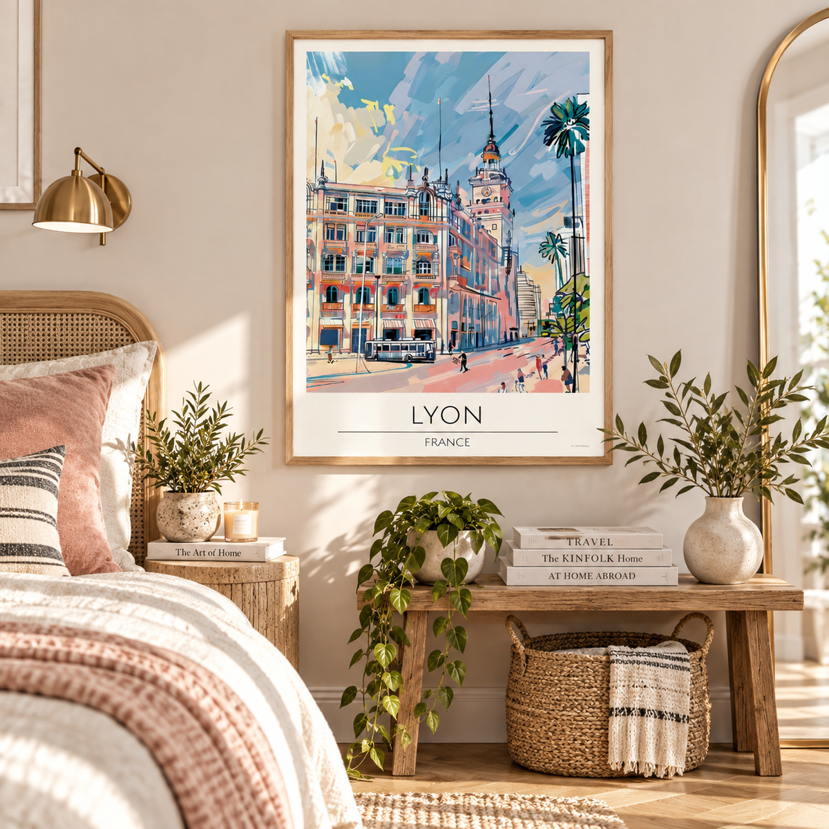 A framed art print of a colorful Lyon, France street scene hangs on a beige wall in a styled bedroom. The print features a light wood frame and is displayed above a wooden bench with books, potted plants, and a woven basket.