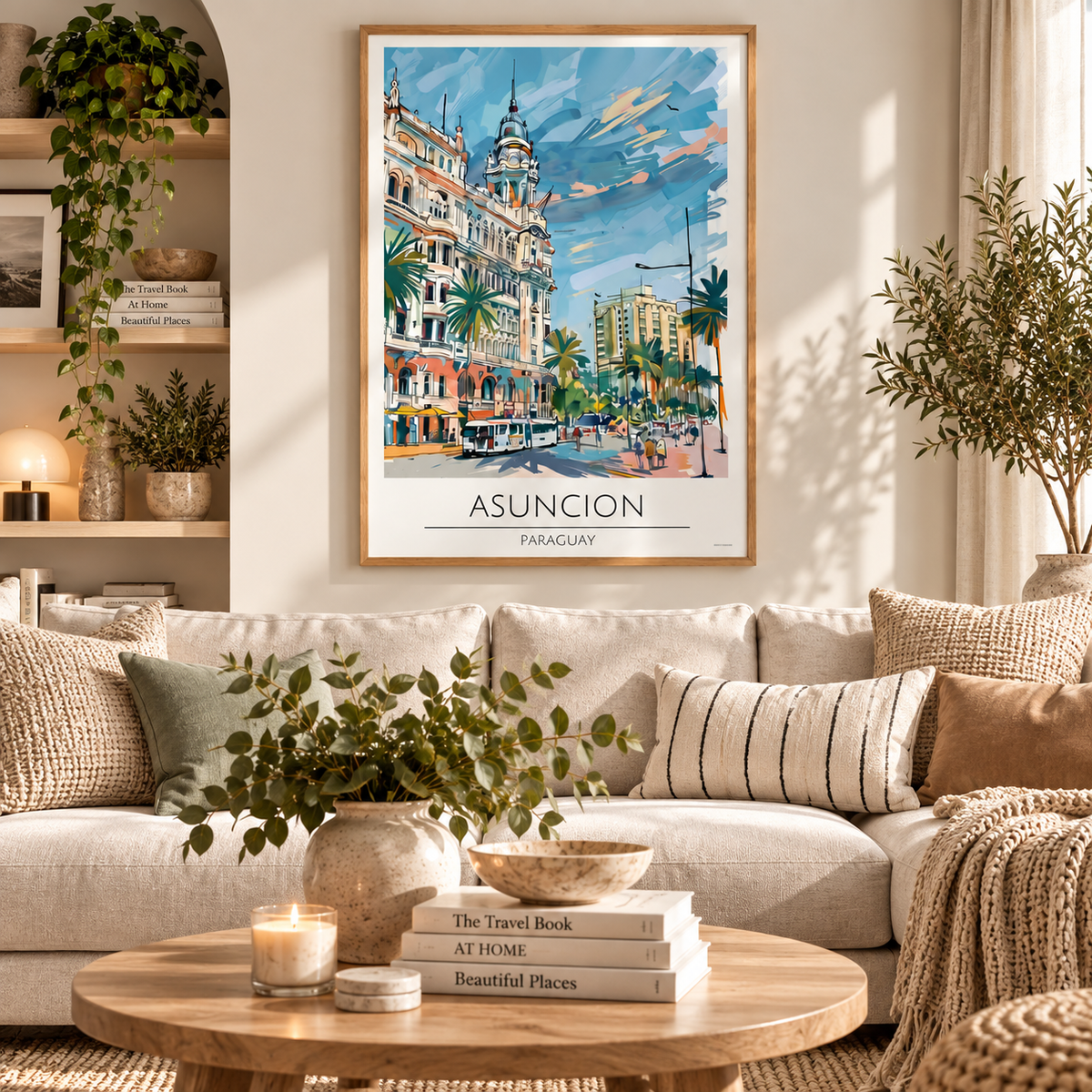 A framed travel poster of Asuncion, Paraguay, hanging on a beige wall above a modern beige sectional sofa in a styled living room. The poster features a colorful watercolor painting of a historic street scene with palm trees and a blue sky, framed in light wood.