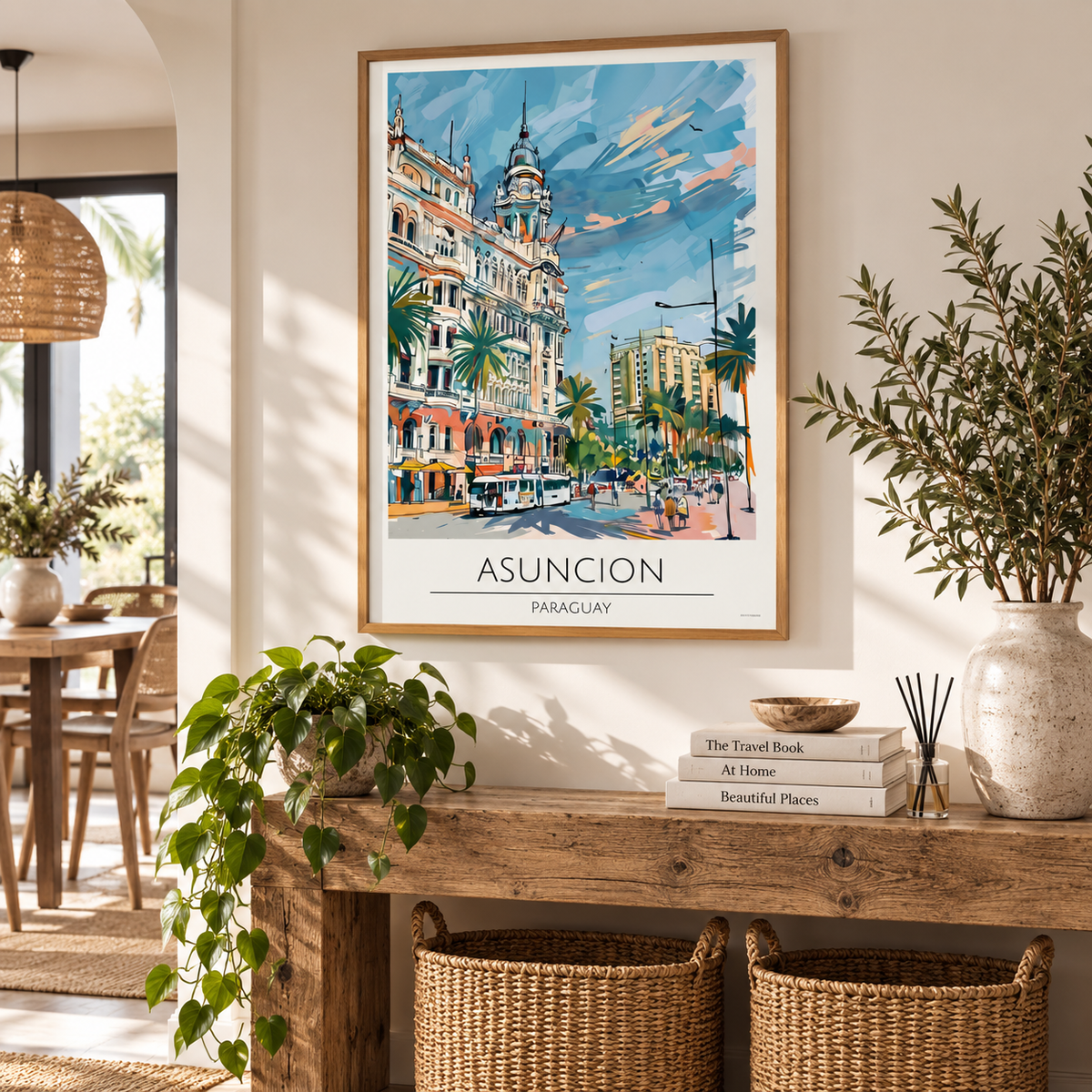A framed travel poster of Asuncion, Paraguay, displayed on a warm beige wall in a beautifully styled home interior. The poster features a colorful watercolor painting of a historic building and street scene under a blue sky, complete with a light wood frame.