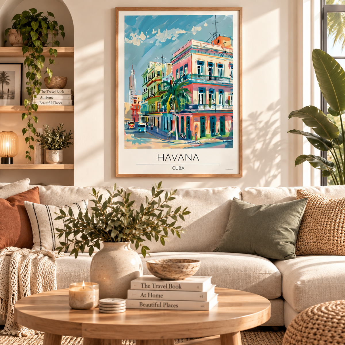 Cuba travel poster featuring colourful Havana architecture and tropical city streets in retro inspired Cuban wall art