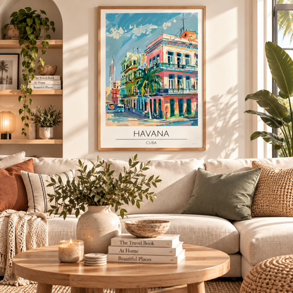 Cuba travel poster featuring colourful Havana architecture and tropical city streets in retro inspired Cuban wall art