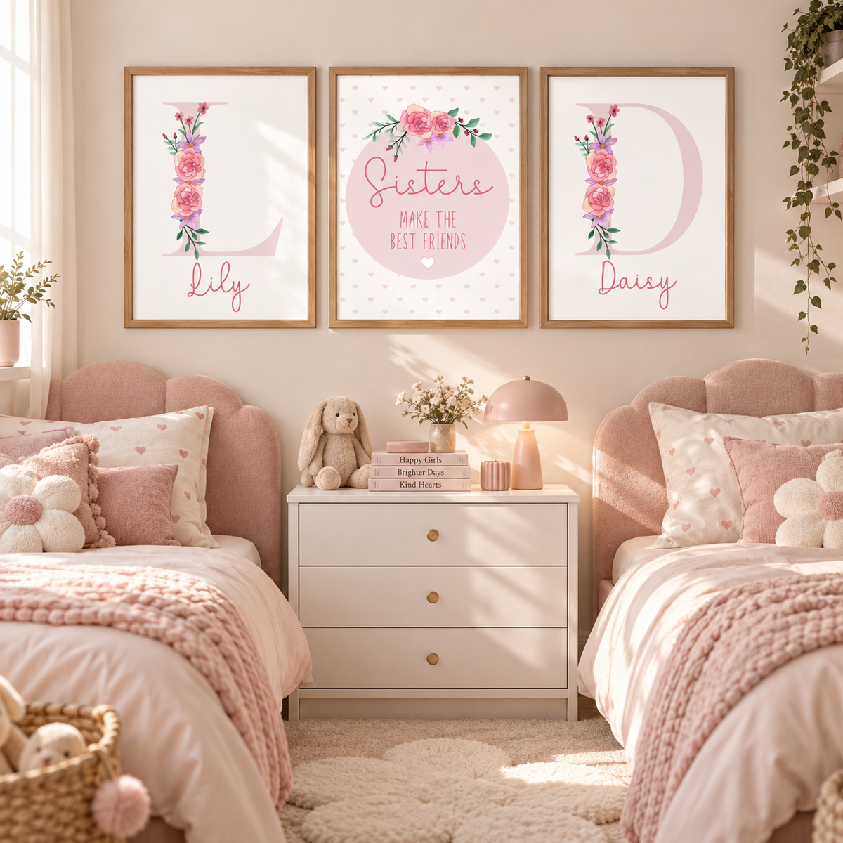 A styled girls' bedroom with two twin beds, a white nightstand, and three framed personalized wall art prints above the bed. The prints feature floral letter designs for 'Lily', 'Daisy', and a central 'Sisters make the best friends' message.