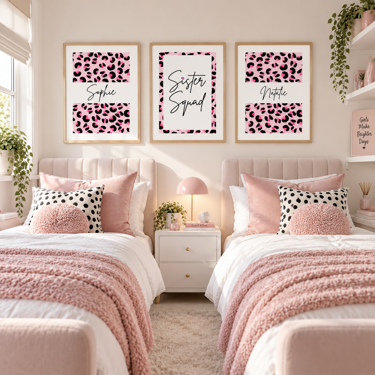 A styled bedroom with two twin beds, pink bedding, and three framed wall prints above the beds. The prints feature pink leopard print sections with the names Sophie, Sister Squad, and Natalie in black script.