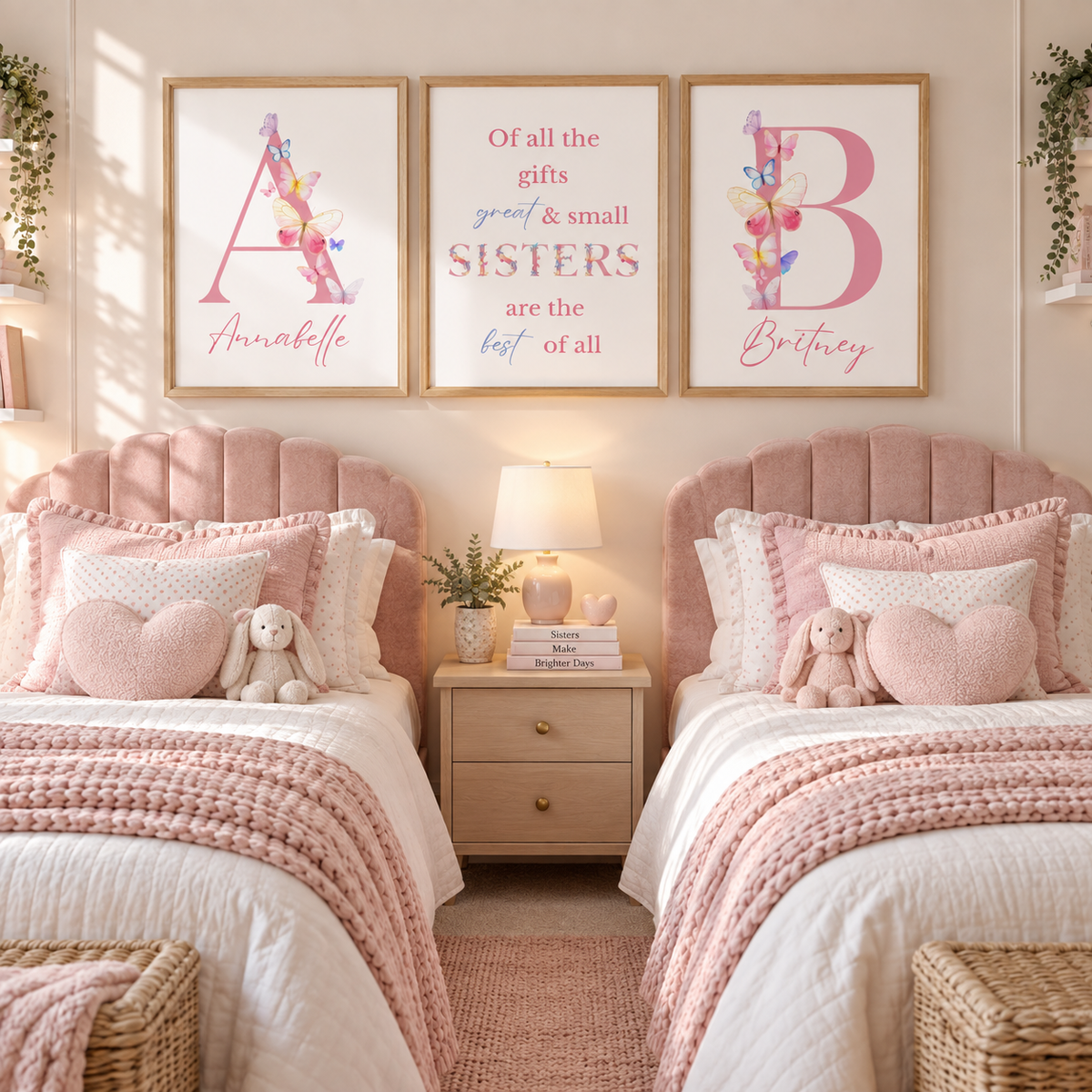 Personalised girls bedroom wall art set featuring two sister name prints and matching butterfly quote print