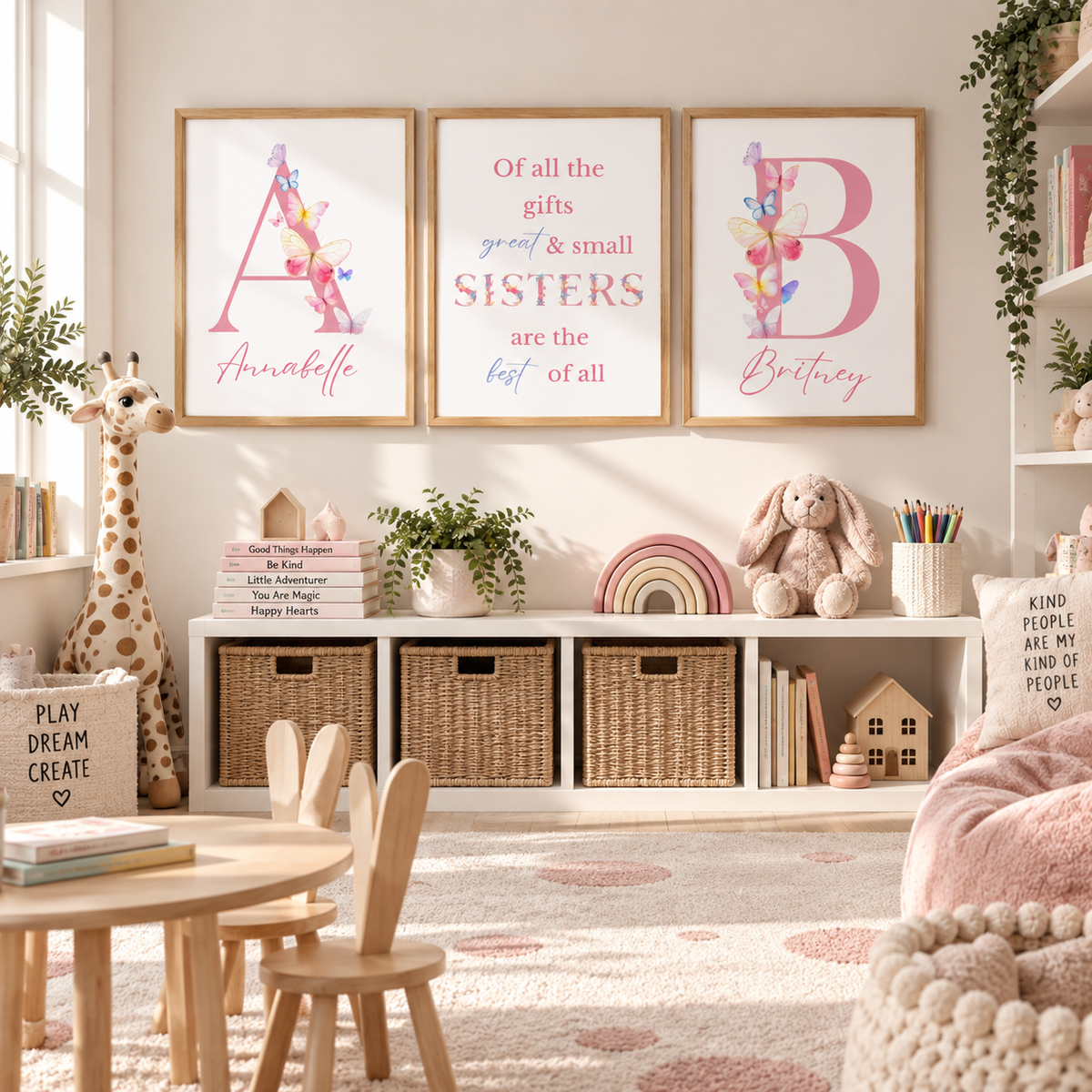 Personalised sisters wall art with custom names initials and pastel butterflies for a shared girls bedroom