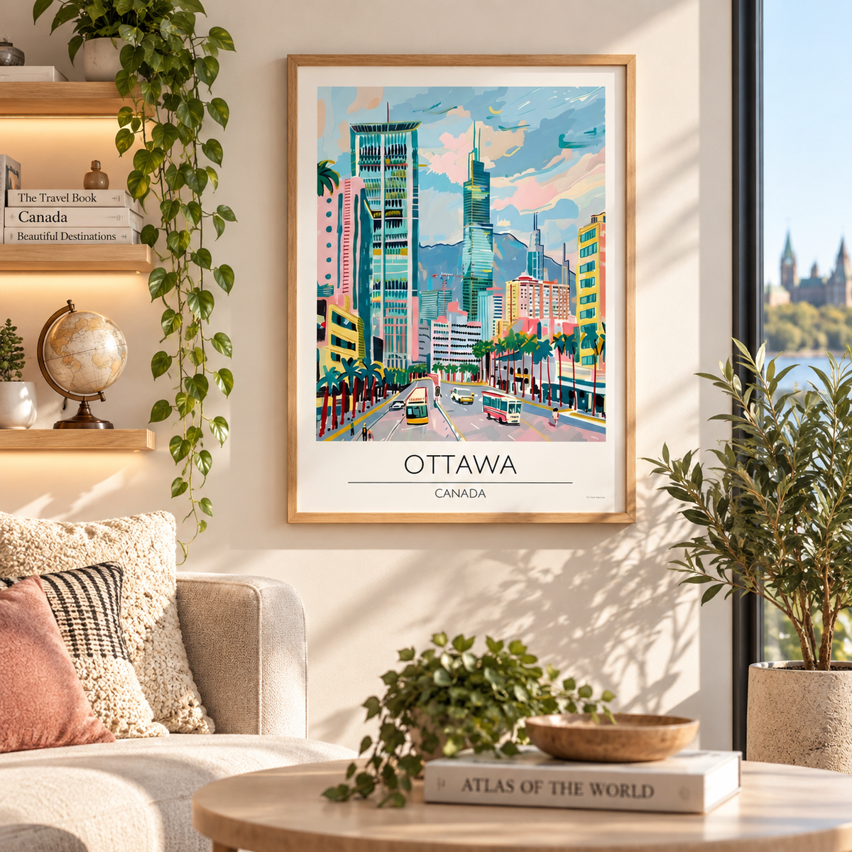 A framed travel poster of Ottawa, Canada, featuring a colorful, stylized cityscape with skyscrapers and a street scene, hanging on a beige wall in a beautifully styled living room with plants and a sofa.